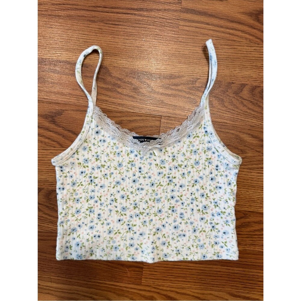 Brandy Melville Floral Ribbed Tank Top One Size Lace Trim Cropped